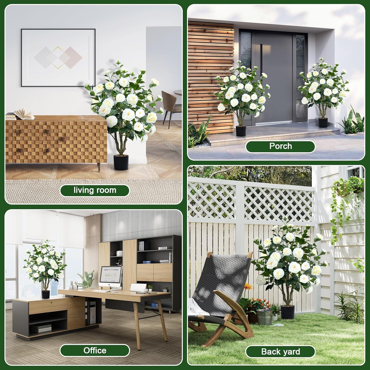 Artificial Camellia Tree 2 Pack Faux Camellia Plant in Pot with Blooming Flowers Fake Flower Tree Greenery Potted Plant for Indoor Outdoor Office Home Porch Decor White